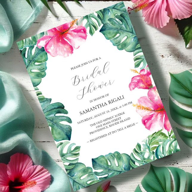 Invitación Ducha tropical hibiscus floral (Bridal shower invitations tropical pink hibiscus flower monstera palm leaves garden Vic Grigaliunas)