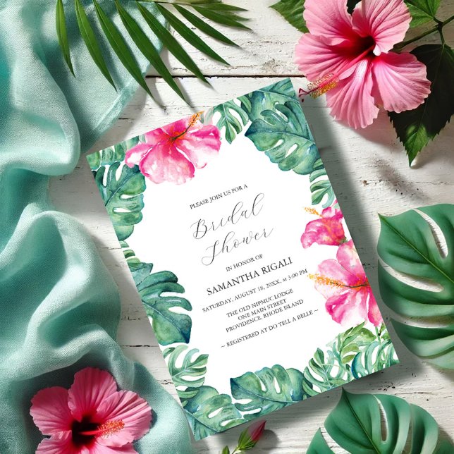 Invitación Ducha tropical hibiscus floral (Bridal shower invitations tropical pink hibiscus flower monstera palm leaves garden Vic Grigaliunas)