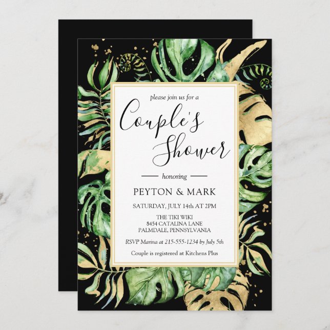Invitación Ducha Tropical Modern Black & Gold Couple (Anverso / Reverso)