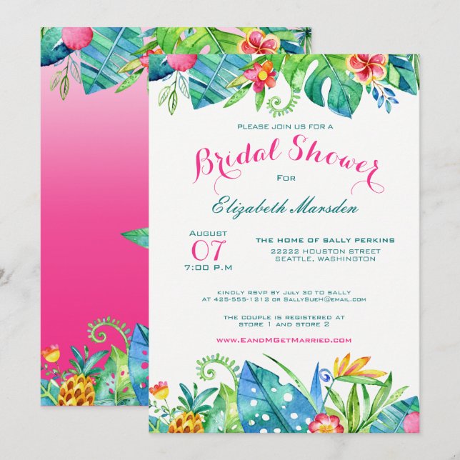 Invitación Ducha tropical rosa Verde azulada floral Ombre de  (Anverso / Reverso)