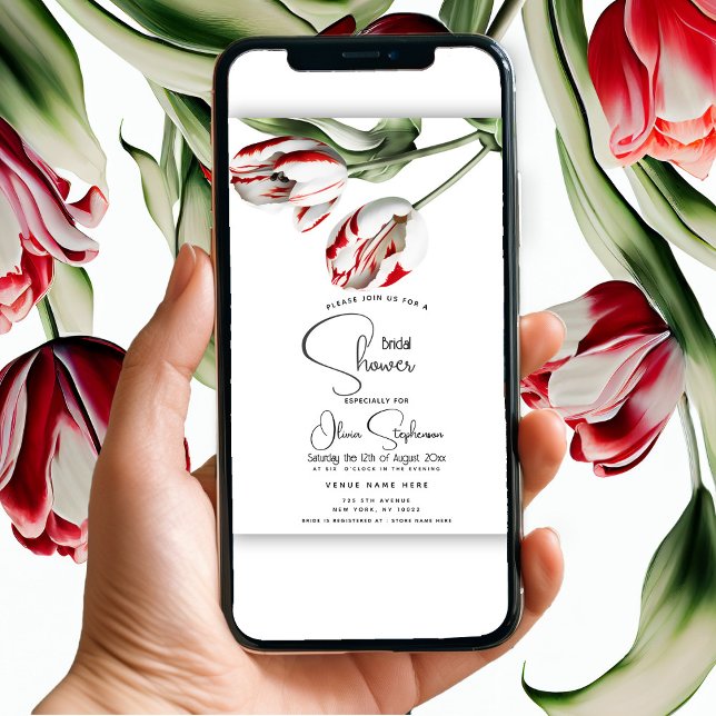 Invitación Ducha | Tulipanes florales rojos y blancos Rembran (Invite the girls to a bridal shower economically  with   a text, using our digital down option. )