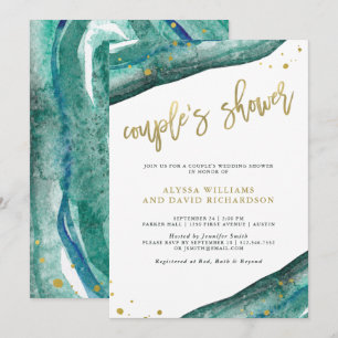 Invitación Ducha Verde azulada acuarela y geode dorada