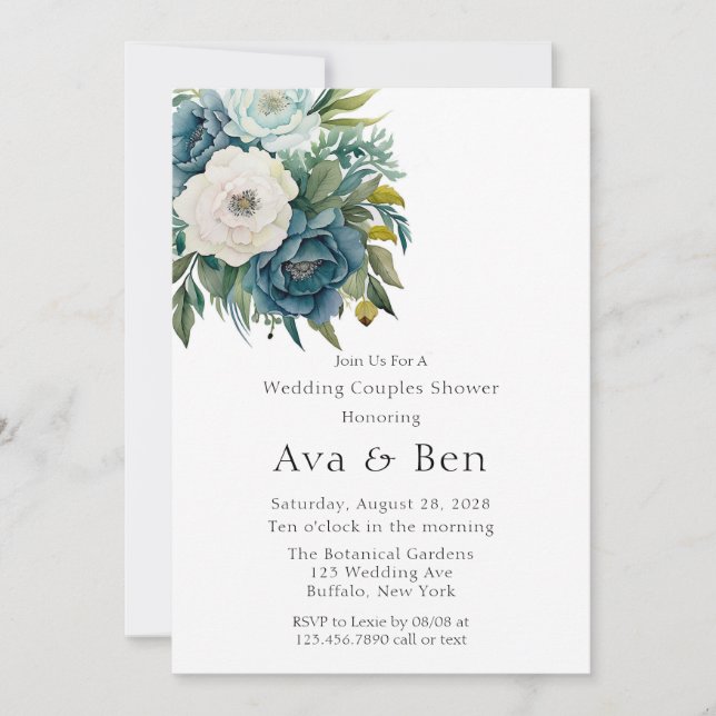 Invitación Ducha verde azulada Boda de peones con flores botá (Anverso)
