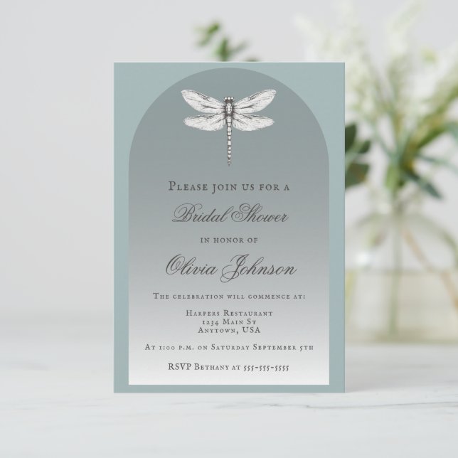 Invitación Ducha verde azulada de la novia Dragonfly (Anverso de pie)