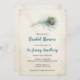 Invitación Ducha Verde azulada de novias con plumas de pavo r