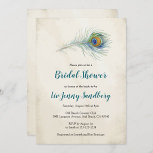 Invitación Ducha Verde azulada de novias con plumas de pavo r