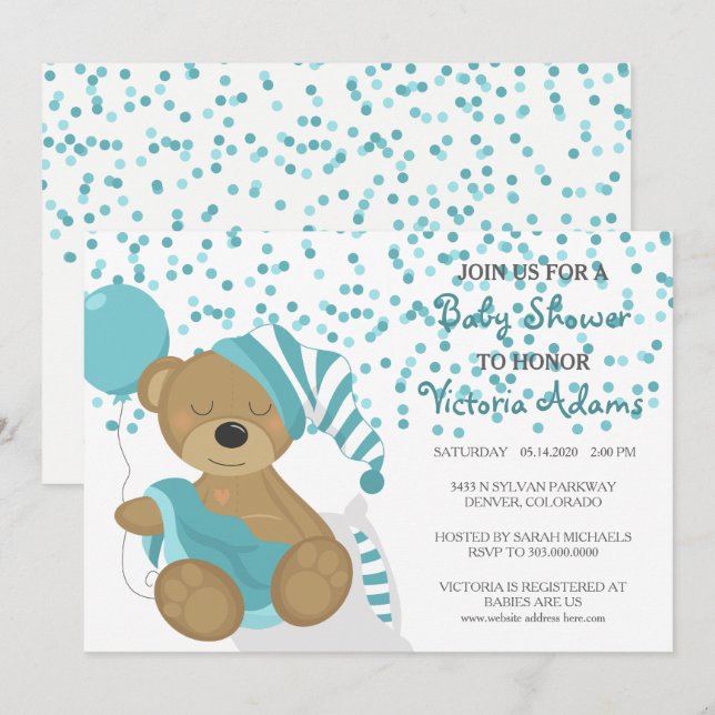 Invitación Ducha verde azulada del oso del bebé del confeti (Anverso / Reverso)