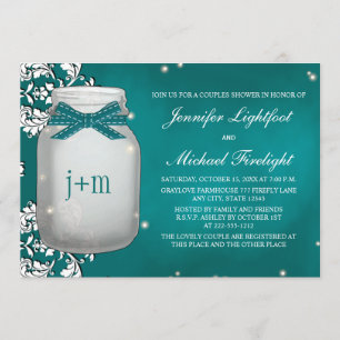Invitación Ducha Verde azulada monogramada de luciérnagas
