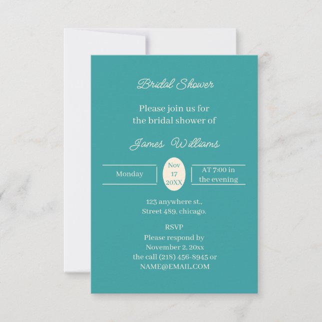 Invitación Ducha Verde azulada personalizada simple para novi (Anverso)