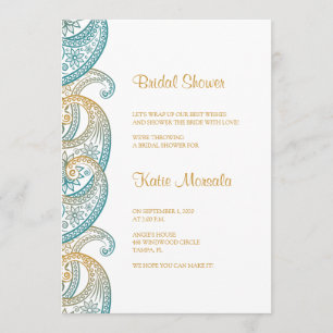 Invitación Ducha verde azulada y dorada paisley india