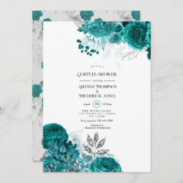 Invitación Ducha verde azulada y plateada de parejas florales