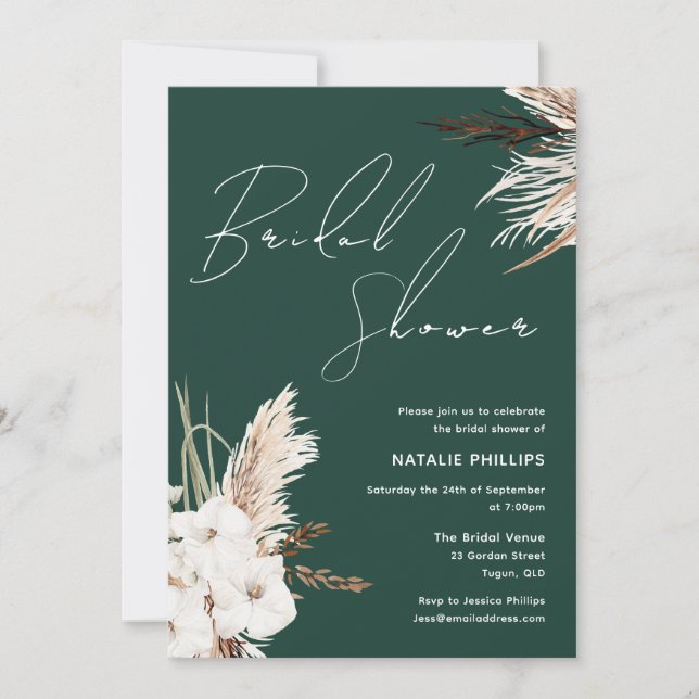 Invitación Ducha verde de novia Boho Floral blanca Esmeralda (Anverso)