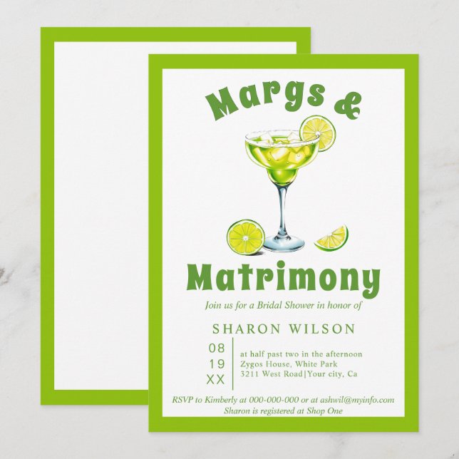 Invitación Ducha verde de novia con cóctel Margs & Matrimony (Anverso / Reverso)