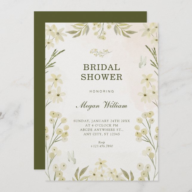 Invitación Ducha verde de novia floral (Anverso / Reverso)