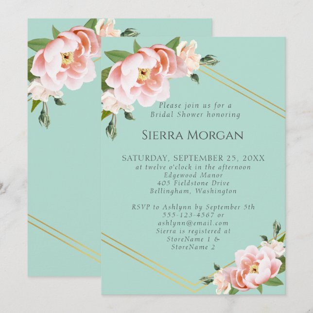 Invitación Ducha verde de novias Rubor Pink Gold Mint (Anverso / Reverso)