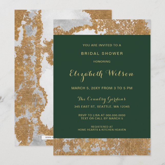 Invitación Ducha verde mármol y dorada de novias (Anverso / Reverso)