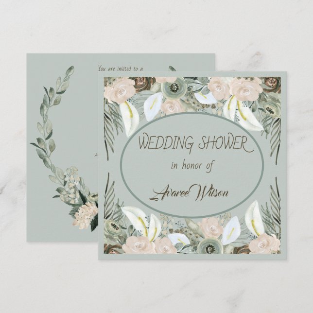 Invitación Ducha Verde Salvia y Crema de Vainilla (Anverso / Reverso)