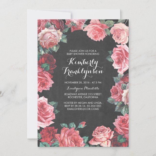 Invitación ducha vintage de pizarra floral con bebé (Anverso)
