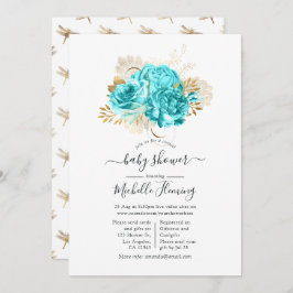 Invitación Ducha virtual Aqua Blue and Gold Floral