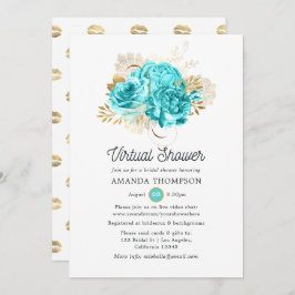 Invitación Ducha virtual Aqua Blue and Gold Floral