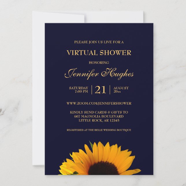 Invitación Ducha virtual azul de la marina de girasol (Anverso)