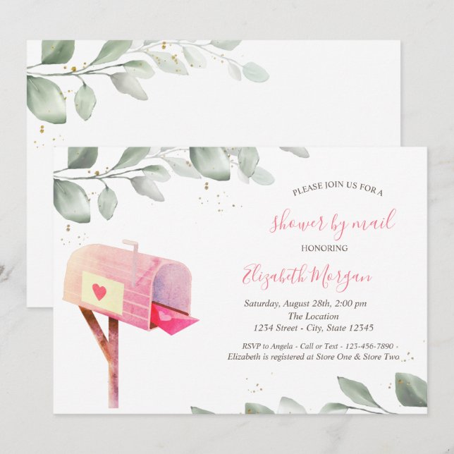 Invitación Ducha Virtual de Acuarela de Hojas de Árbol de Buz (Anverso / Reverso)