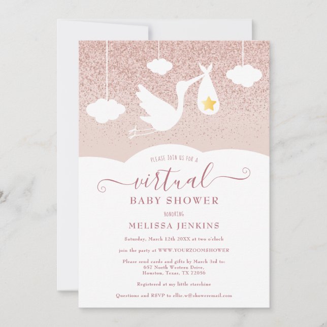 Invitación Ducha Virtual de Baby Shower Rose Gold Star Cigüeñ (Anverso)
