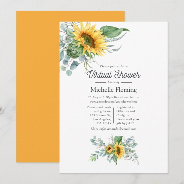 Invitación Ducha Virtual de Bebé Boho Sunflower Eucalyptus (Anverso / Reverso)