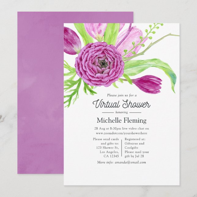 Invitación Ducha Virtual de Bebé con Aquarela Floral (Anverso / Reverso)