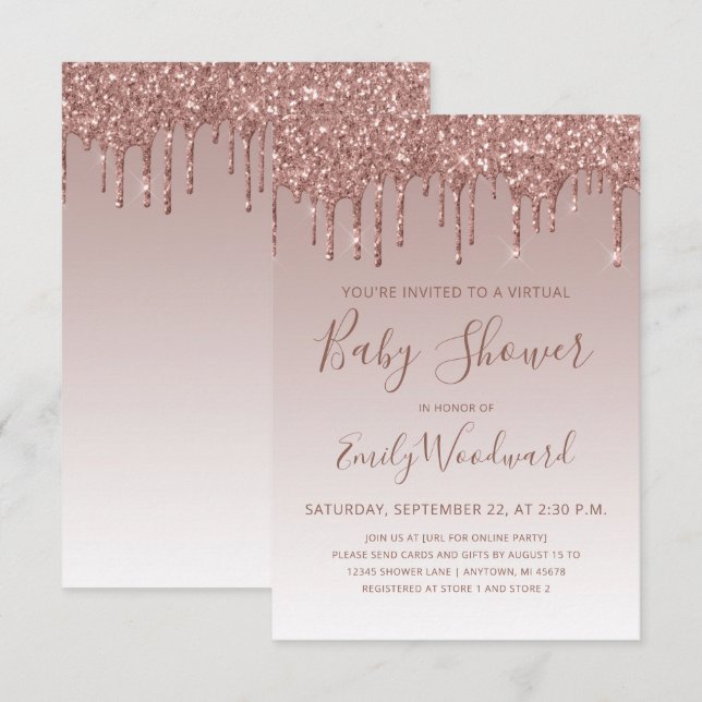 Invitación Ducha Virtual de Bebé con Brillo de Rosa Dorado (Anverso / Reverso)