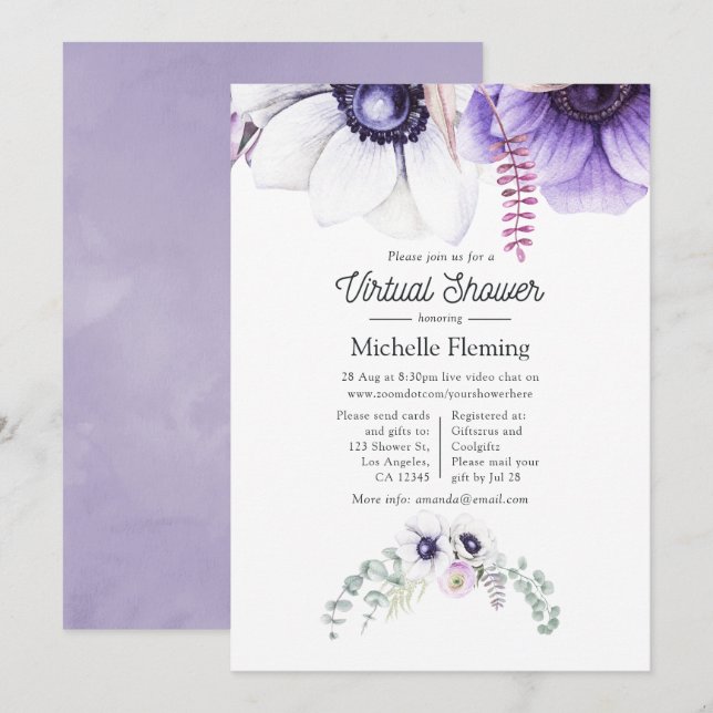 Invitación Ducha Virtual de Bebé con Floral de Acuarela Viole (Anverso / Reverso)