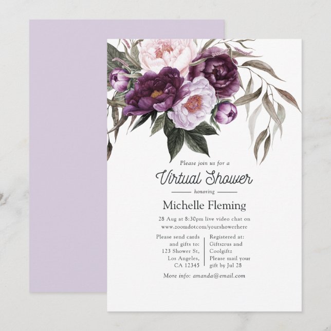 Invitación Ducha Virtual de Bebé con Flores de Terciopelo Pro (Anverso / Reverso)