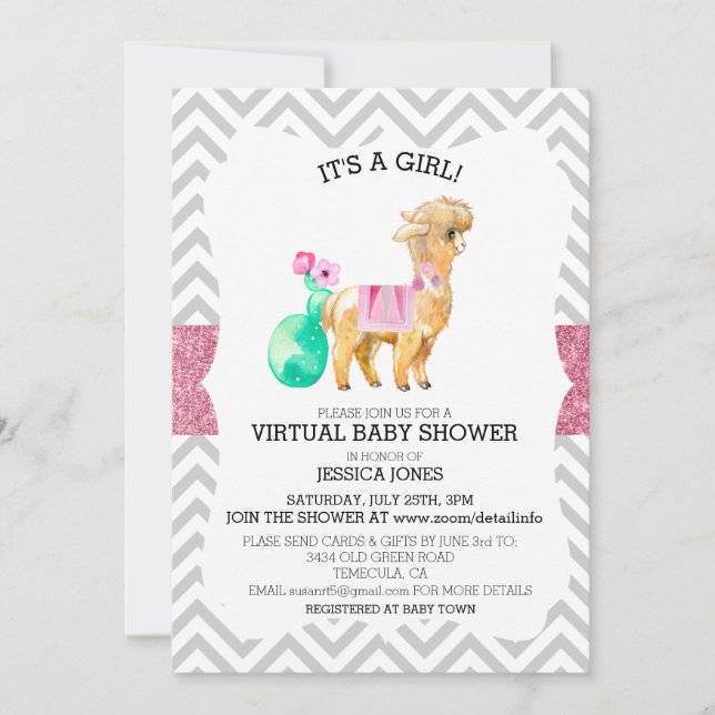 Invitación Ducha Virtual de Bebé con Llama Rosa de Chevron Br (Anverso)