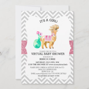 Invitación Ducha Virtual de Bebé con Llama Rosa de Chevron Br