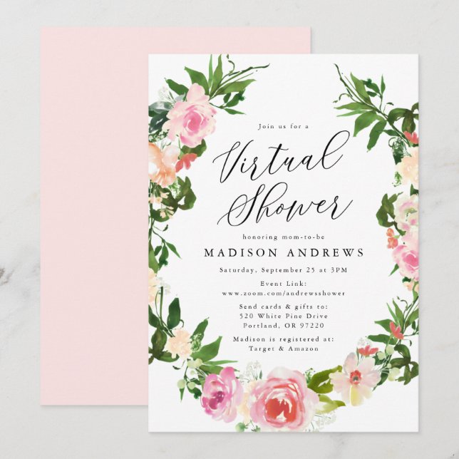 Invitación Ducha Virtual de Bebé Corona Floral Rosa Suave (Anverso / Reverso)
