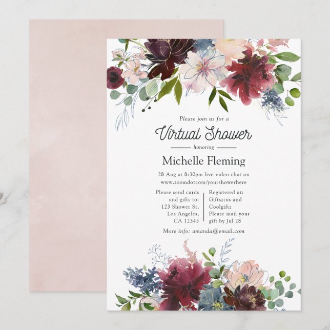 Invitación Ducha Virtual de Bebé Floral Burgundy y Blush (Anverso / Reverso)