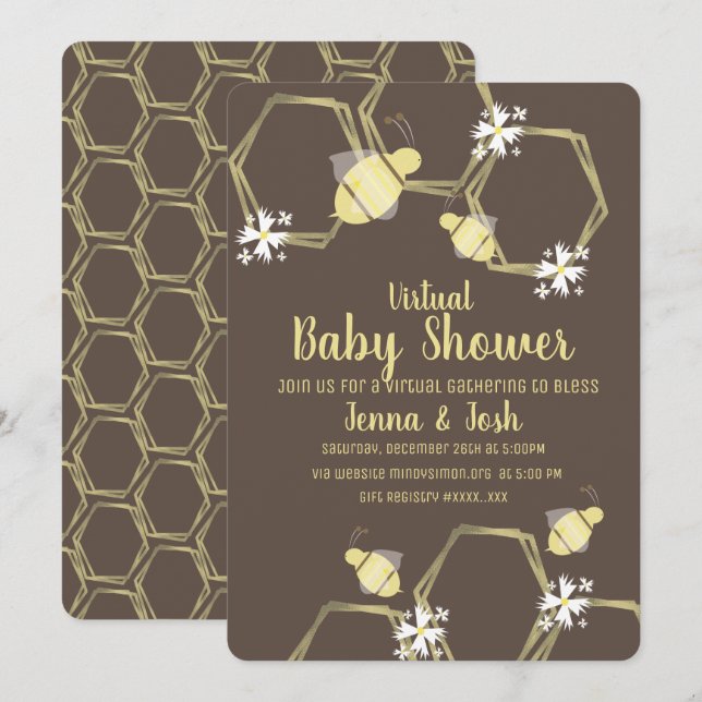 Invitación Ducha Virtual de Bebé Floral de Abeja y Daisy (Anverso / Reverso)