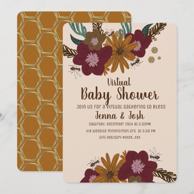 Invitación Ducha Virtual de Bebé Floral de Girasol Abeja Vint (Anverso / Reverso)