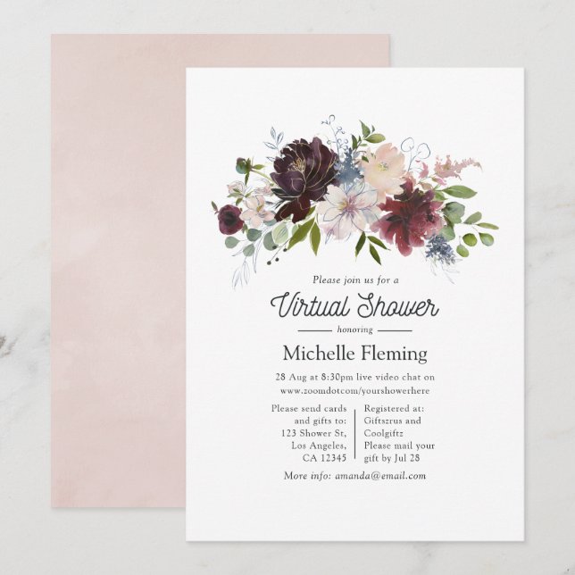 Invitación Ducha virtual de bebé floral rosa y burdeos (Anverso / Reverso)