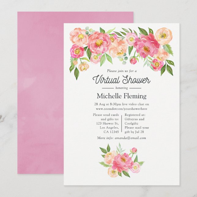 Invitación Ducha Virtual de Bebé Niña Floral Rosa de Primaver (Anverso / Reverso)