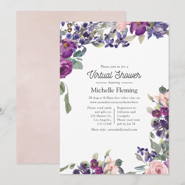 Invitación Ducha Virtual de Bebé Violeta, Ciruela y Rubor (Anverso / Reverso)