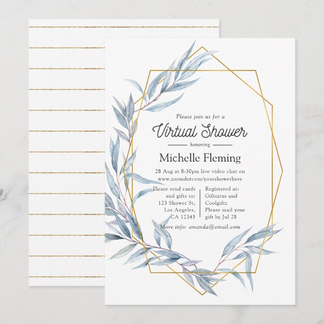 Invitación Ducha virtual de eucalipto geométrico azul y oro (Anverso / Reverso)