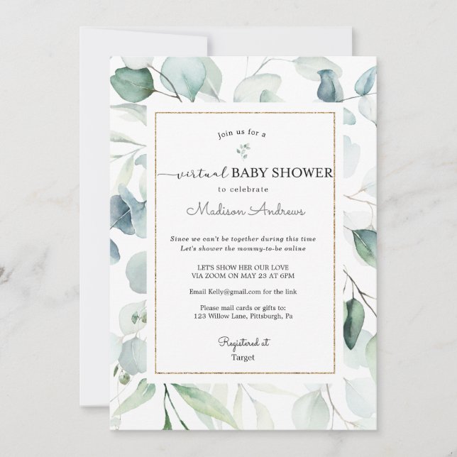 Invitación Ducha Virtual de Eucalipto para el Bebe (Anverso)