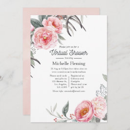 Invitación Ducha virtual de flores de Boho rosa y gris pastel