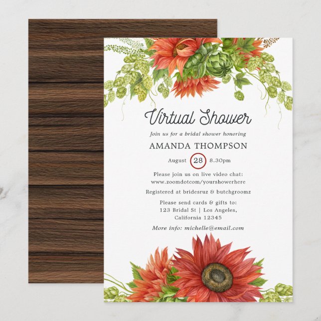 Invitación Ducha Virtual de Girasoles Rojos Bohemios Rústicos (Anverso / Reverso)