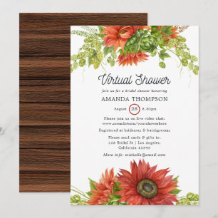 Invitación Ducha Virtual de Girasoles Rojos Bohemios Rústicos