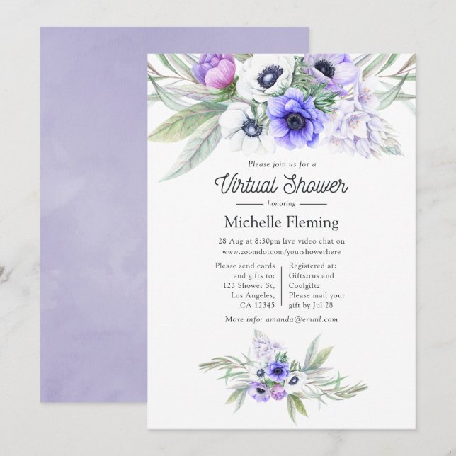 Invitación Ducha virtual de la floral violeta pastel (Anverso / Reverso)