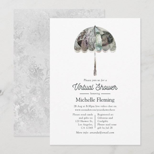 Invitación Ducha virtual de marfil White Vintage Parasol (Anverso / Reverso)