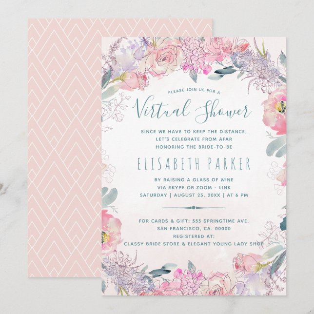 Invitación Ducha virtual de novia floral rosa de larga distan (Anverso / Reverso)