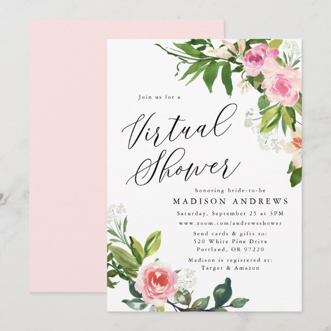 Invitación Ducha Virtual de Novia Floral Rosa Suave (Anverso / Reverso)
